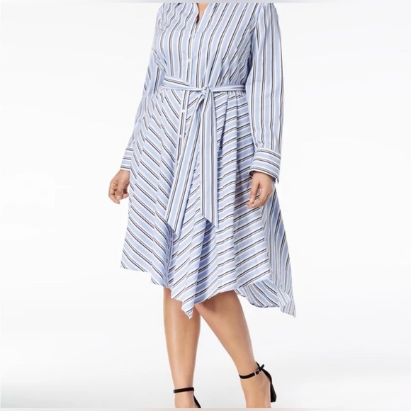 INC Blue, White, & Black Stripe Asymmetrical Shirt Dress with Tie in Size 6P - Picture 1 of 11